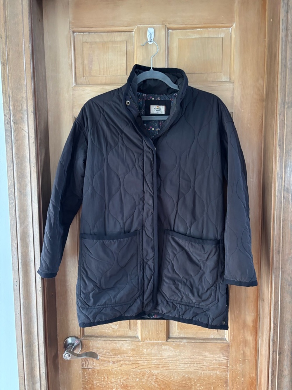 Marine Layer Black Quilted Long Liner Jacket Floral Print Size S